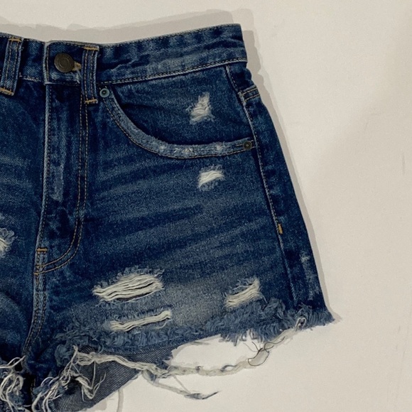 Zara Trafaluc High Rise Dark Wash Distressed Mini Shorts Size 00 - Picture 5 of 7